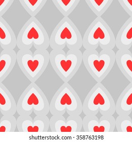 Seamless pattern Valentine's Day with big hearts up and down the gray and red hearts on a light gray background.