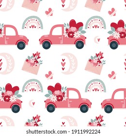 seamless pattern Valentine's day in boho style. Bohemian romantic pattern happy Valentine day. Boho rainbow, heart and flowers. Vector