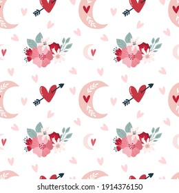 seamless pattern Valentine's day in boho style. Bohemian romantic pattern happy Valentine day. Boho rainbow, heart and flowers. Vector