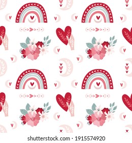 seamless pattern Valentine's day in boho style. Bohemian romantic pattern happy Valentine day. Boho rainbow, heart and flowers. Vector