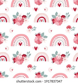 seamless pattern Valentine's day in boho style. Bohemian romantic pattern happy Valentine day. Boho rainbow, heart and flowers. Vector