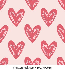 Seamless Pattern Valentine's Day In Boho Style. Bohemian Romantic Pattern Happy Valentine Day. Boho Rainbow, Heart And Flowers. Vector