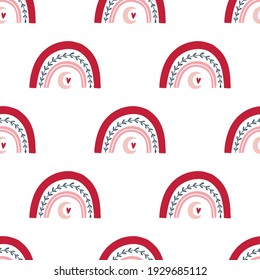 seamless pattern Valentine's day in boho style. Bohemian romantic pattern happy Valentine day. Boho rainbow, heart and flowers. Vector