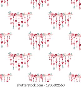patrón impecable de San Valentín al estilo boho. Patrón bohemio romántico feliz Día de San Valentín. Arcoiris boho, corazón y flores. Vector