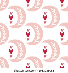 seamless pattern Valentine's day in boho style. Bohemian romantic pattern happy Valentine day. Boho rainbow, heart and flowers. Vector
