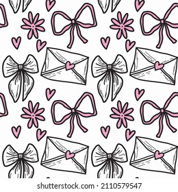 Seamless pattern for valentine's day with bows, letter and hearts. Vector graphic pattern.
