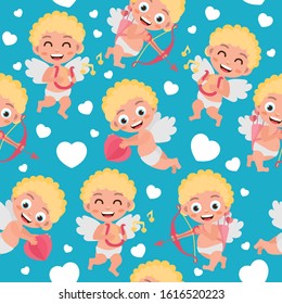 Seamless pattern for Valentine's Day. Bright illustration with cupids and hearts. Background for fabric print, texture and wrapping paper.
