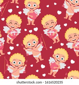Seamless pattern for Valentine's Day. Bright illustration with cupids and hearts. Background for fabric print, texture and wrapping paper.