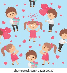 Seamless pattern for Valentine's Day. Bright illustration with romantic couple. Valentines girl and boy. Background for fabric print, texture and wrapping paper.