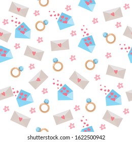 Seamless pattern for Valentine's Day. Bright illustration with ring, envelope and hearts. Background for fabric print, texture and wrapping paper.