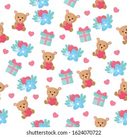 Seamless pattern for Valentine's Day. Bright illustration with teddy bear, gift box, floral bouquet. Background for fabric print, texture and wrapping paper.