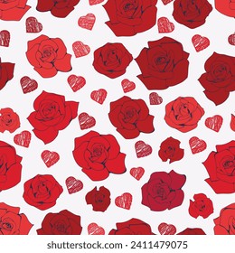Seamless pattern for Valentine's Day. Bright red roses and small hand-drawn red hearts isolated on a white background. Vector illustration suitable for background, banner, wrapping paper.