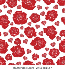 Seamless pattern for Valentine's Day. Bright red silhouette of roses and small hand-drawn red hearts isolated on a white background. Vector illustration suitable for background, banner, wrapping paper