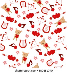 Seamless pattern for Valentine's Day. Bright illustration with hearts, teddy bear, bow and harp. Background for fabric print, texture and wrapping paper.