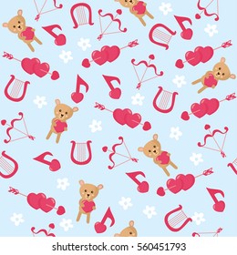 Seamless pattern for Valentine's Day. Bright illustration with hearts, teddy bear, bow and harp. Background for fabric print, texture and wrapping paper.