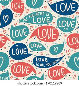 Seamless pattern of Valentines day with bubbles, hearts  and letters. Valentines hearts. Kids elements for scrap booking. Childish background. Hand drawn vector illustration.