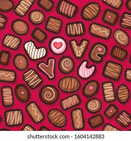 Seamless pattern of Valentines Day candy. Fancy chocolate bonbons with love you message. Decorated chocolate truffles.  Vector illustration.