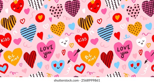 Seamless pattern for Valentines day. Cartoon hearts in hand drawn style, cute phrases. Vector trend illustration, colorful background