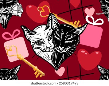 Seamless pattern for Valentine's Day with Cats, keys, hearts. Vector graphics.