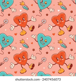 Seamless pattern for Valentines Day. Characters in old retro cartoon style. Dancing funky-groovy cute hearts with flowers, a balloon. For wallpaper, fabric, wrapping, background.
