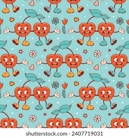 Seamless pattern for Valentines Day. Characters in old retro cartoon style. Dancing funky-groovy cute lovers cherries with flowers. For wallpaper, fabric, wrapping, background.