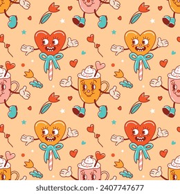 Seamless pattern for Valentines Day. Characters in old retro cartoon style. Dancing funky-groovy cute lollipops in the form of hearts with flowers, a cups. For wallpaper, fabric, wrapping, background.