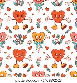 Seamless pattern for Valentines Day. Characters in old retro cartoon style. Dancing funky-groovy cute lollipops and hearts with flowers. For wallpaper, fabric, wrapping, background.