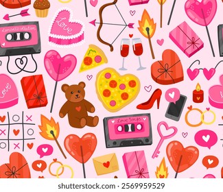 Seamless pattern for Valentine's day. Collection of colorful illustration on pink background. Heart, music cassette, teddy bear, lollipop, match, pizza, gift box. Symbols of love. Wrapping paper.