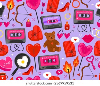 Seamless pattern for Valentine's day. Collection of colorful illustration on blue background. Heart, music cassette, teddy bear, lollipop, match, bow, key, gift box. Symbols of love. Wrapping paper.