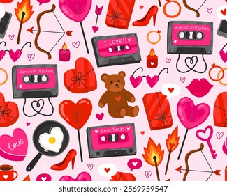 Seamless pattern for Valentine's day. Collection of colorful illustration on pink background. Heart, music cassette, teddy bear, lollipop, match, key, gift box. Symbols of love. Wrapping paper.