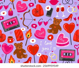 Seamless pattern for Valentine's day. Collection of colorful illustration on blue background. Heart, music cassette, teddy bear, lollipop, match, bow, key, gift box. Symbols of love. Wrapping paper.