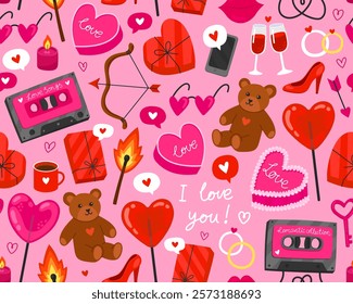 Seamless pattern for Valentine's day. Collection of colorful illustration on pink background. Heart, music cassette, teddy bear, lollipop, match, bow, key, gift box. Symbols of love. Wrapping paper.