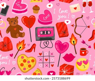 Seamless pattern for Valentine's day. Collection of colorful illustration on pink background. Heart, music cassette, teddy bear, lollipop, match, pizza, gift box. Symbols of love. Wrapping paper.