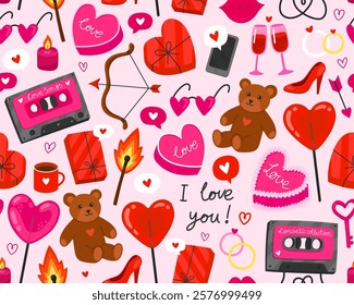 Seamless pattern for Valentine's day. Collection of colorful illustration on pink background. Heart, music cassette, teddy bear, lollipop, match, bow, key, gift box. Symbols of love. Wrapping paper.