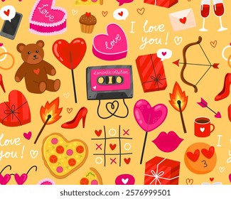 Seamless pattern for Valentine's day. Collection of colorful illustration on yellow background. Heart, music cassette, teddy bear, lollipop, match, pizza, gift box. Symbols of love. Wrapping paper.