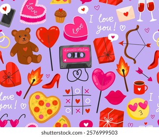 Seamless pattern for Valentine's day. Collection of colorful illustration on blue background. Heart, music cassette, teddy bear, lollipop, match, pizza, gift box. Symbols of love. Wrapping paper.