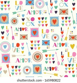 Seamless pattern of Valentines day with colorful hearts and letters in retro style. Valentines hearts. Kids elements for scrapbooking. Childish background. Hand drawn vector illustration.