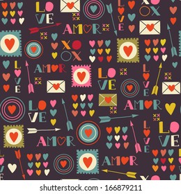 Seamless pattern of Valentines day with colorful hearts and letters. Valentines hearts. Kids elements for scrap booking. Childish background. Hand drawn vector illustration.