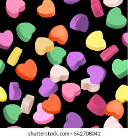 Seamless pattern for Valentine's Day with colorful conversation hearts candy on a dark background. Background in pastel colors. Decorative vector love elements.