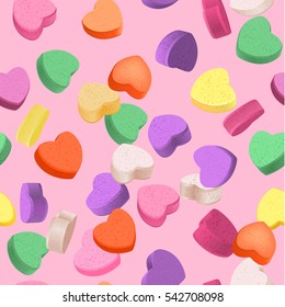 Seamless pattern for Valentine's Day with colorful conversation hearts candy on a pink background. Background in pastel colors. Decorative vector love elements.