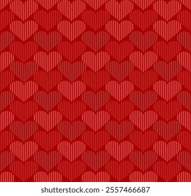 Seamless pattern with Valentine's Day concept with heart shape background made up of straight lines. Solid love. A seamless red heart textured background,  resembling a soft knitted fabric.
