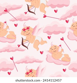 seamless pattern for Valentine's Day consisting of cupid with pink bangs, pink wings holding a bow and arrows and pink, round glasses on his head, cupid lying on a cloud and pink clouds, vector