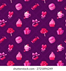 Patrón sin fisuras para el día de San Valentín. Coquette Elementos de San Valentín Caja de regalo, Copa, Corazón, Dulces, Rosa, Mensaje romántico, Macarrón, Cereza. Fondo festivo del Vector.