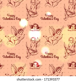 Seamless pattern for valentine's day with cupid, bow, butterflies, hearts, pigeons, etc 