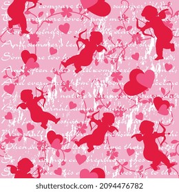 Seamless Pattern of Valentine's Day, Cupid, Wordings with Heart Background - Valentines' Vector Design 