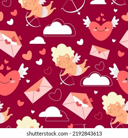 Seamless Pattern for Valentine's Day. Cupid, Hearts, arrows of Cupid, messages of love. Vector illustration.