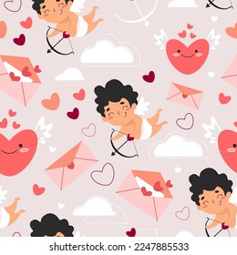 Seamless Pattern for Valentine's Day. Cupid, Hearts, arrows of Cupid, messages of love. Flat Vector illustration.