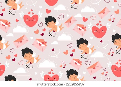Seamless Pattern for Valentine's Day. Cupid, Hearts, arrows of Cupid, messages of love. Vector illustration.