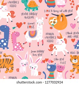 Seamless pattern for Valentine's day with cute animals in love. Childish background for fabric, wrapping paper, textile, wallpaper and apparel