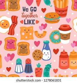 Seamless pattern for Valentine's day with cute funny food. Childish background for fabric, wrapping paper, textile, wallpaper and apparel. Vector Illustration